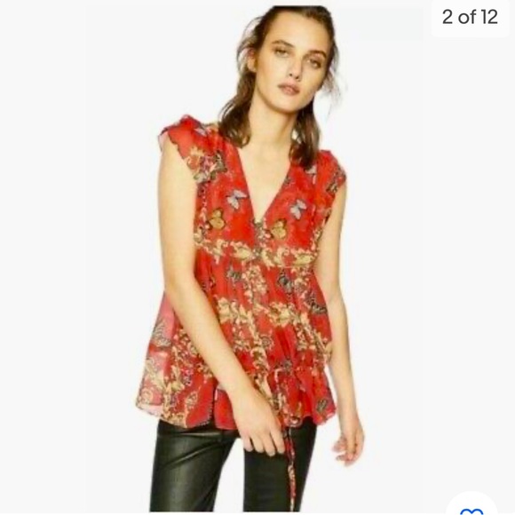 The Kooples Butterfly Floral Short Sleeve Red Blouse in Size Small. 100% silk - Picture 1 of 6